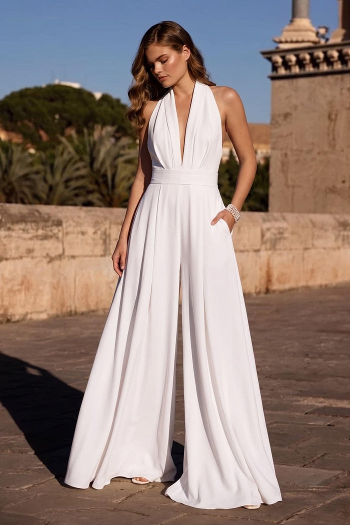 Halter Floor Length Chiffon Wedding Jumpsuit 591554938337