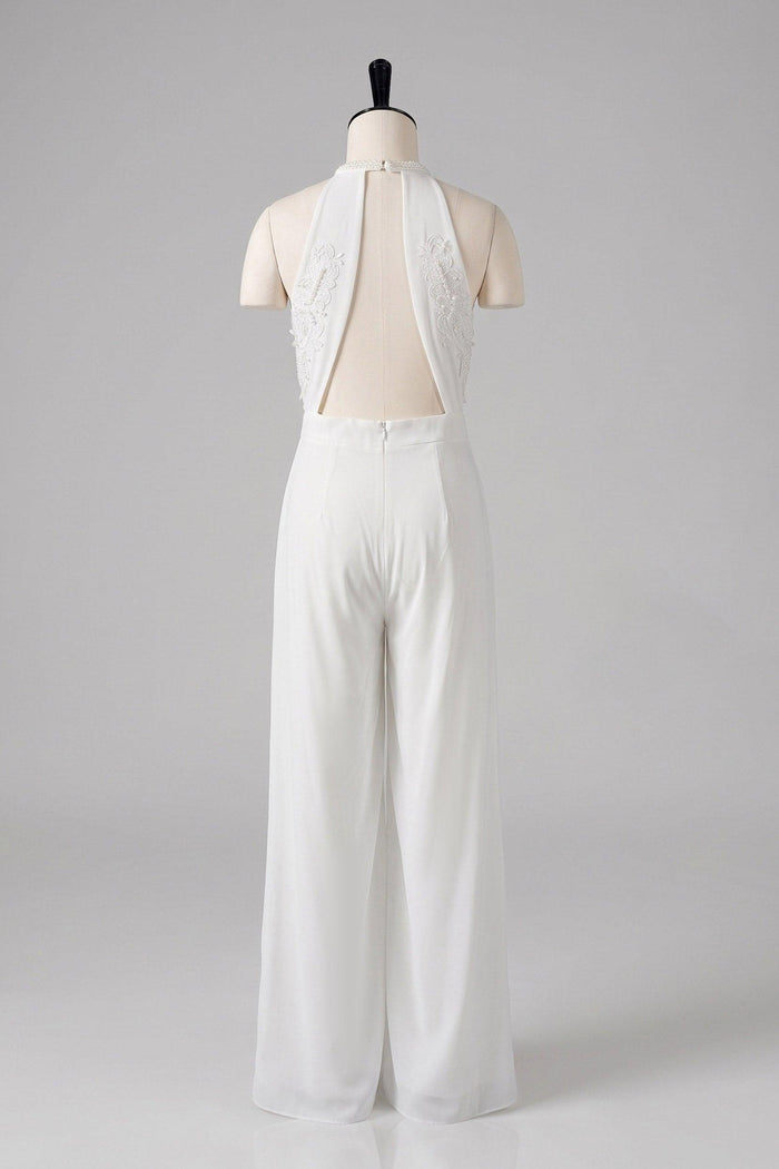 Halter Floor Length Chiffon Wedding Jumpsuit 938528175857