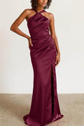 Halter Neck Sheath Bridesmaid Dress with Sweep Train CB0797 - COCOMELODY