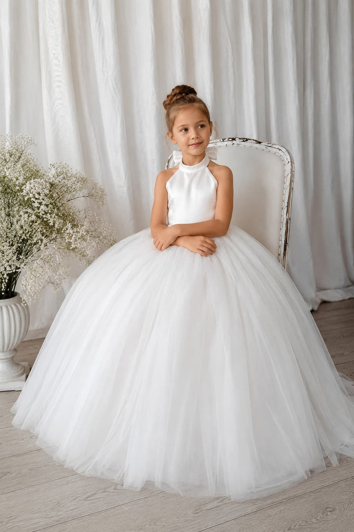 Halter Neck Sleeveless Open Back Bow Tulle Flower Girl Dresses 1061637080106