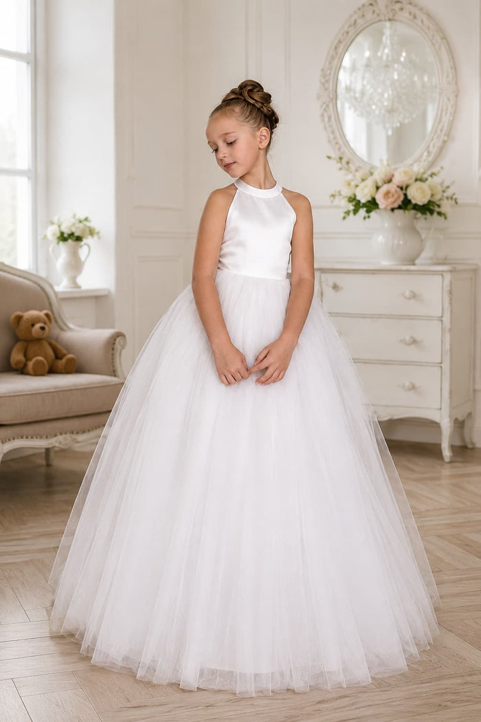 Halter Neck Sleeveless Open Back Bow Tulle Flower Girl Dresses 1061637080106