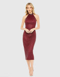 Red Hand Embellished Halter Neck Midi Sheath Dress - Mac Duggal