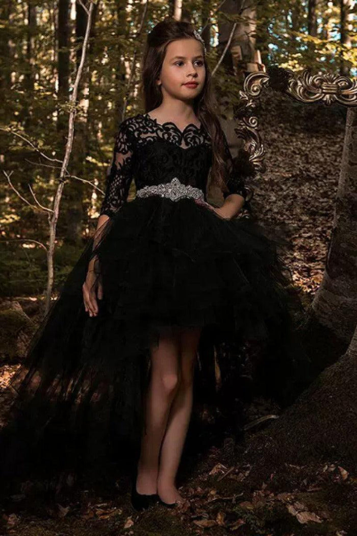 High-Low Heart Illusion Neck 3/4 Length Sleeve Tulle Flower Girl Dresses 575468179330