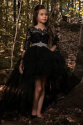 High-Low Heart Illusion Neck 3/4 Length Sleeve Tulle Flower Girl Dresses 575468179330