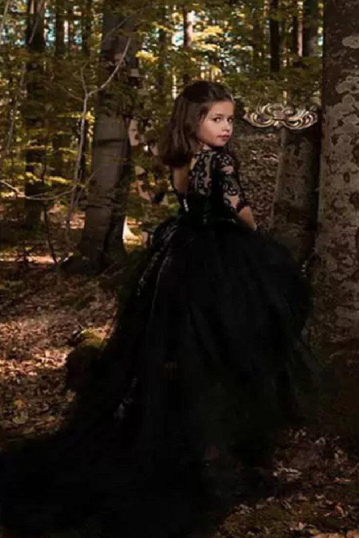 High-Low Heart Illusion Neck 3/4 Length Sleeve Tulle Flower Girl Dresses 575468179330