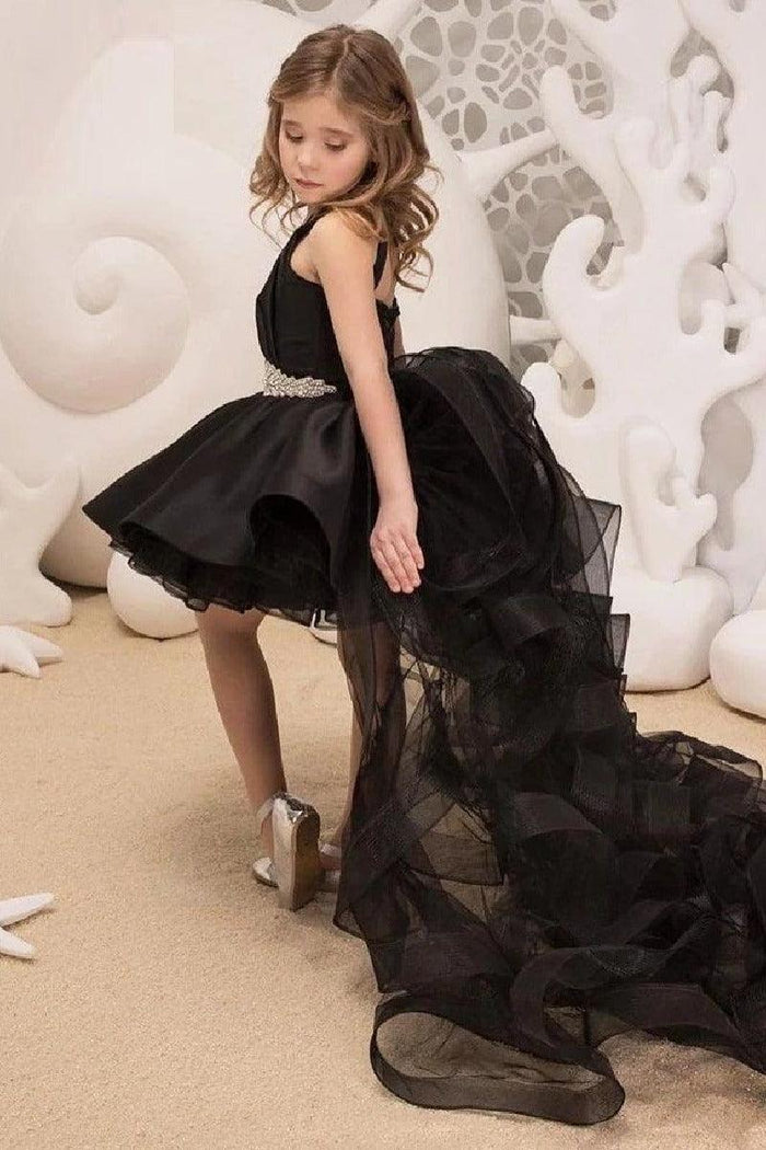 High-Low Satin Detachable Ruffle Tulle Flower Girl Dresses 815498849494