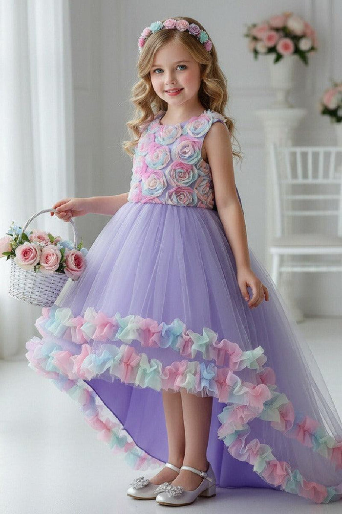 High-Low Sleeveless Tulle Rainbow Ruffle Hem Flower Girl Dresses 1029257838364