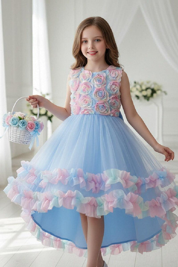 High-Low Sleeveless Tulle Rainbow Ruffle Hem Flower Girl Dresses 1029257838364
