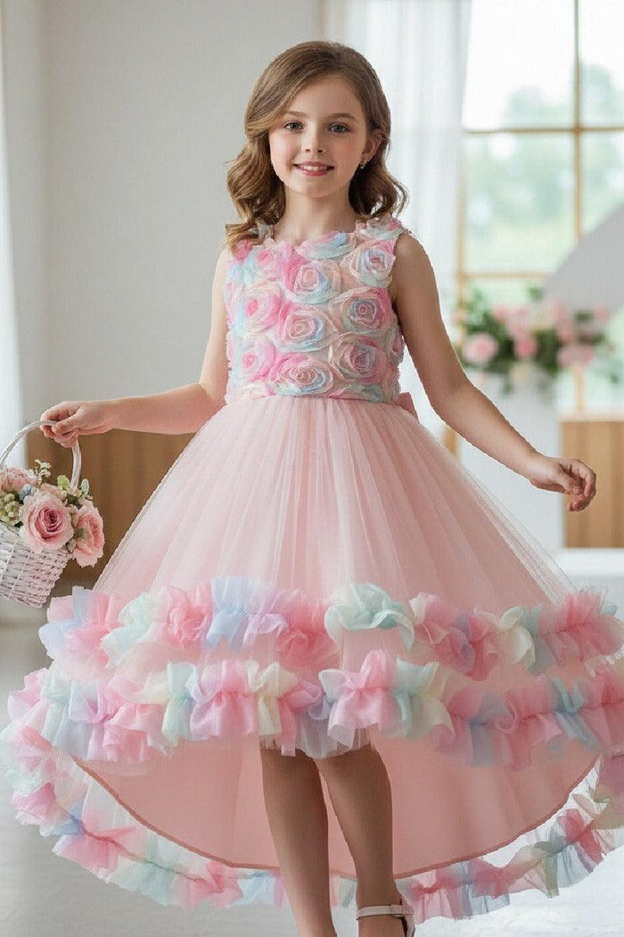 High-Low Sleeveless Tulle Rainbow Ruffle Hem Flower Girl Dresses 1029257838364
