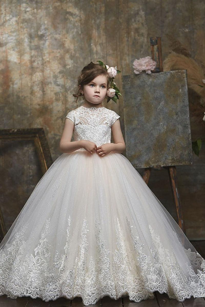 High Neck Cap Sleeve All Lace Bodice Tulle Flower Girl Dresses 654963002609