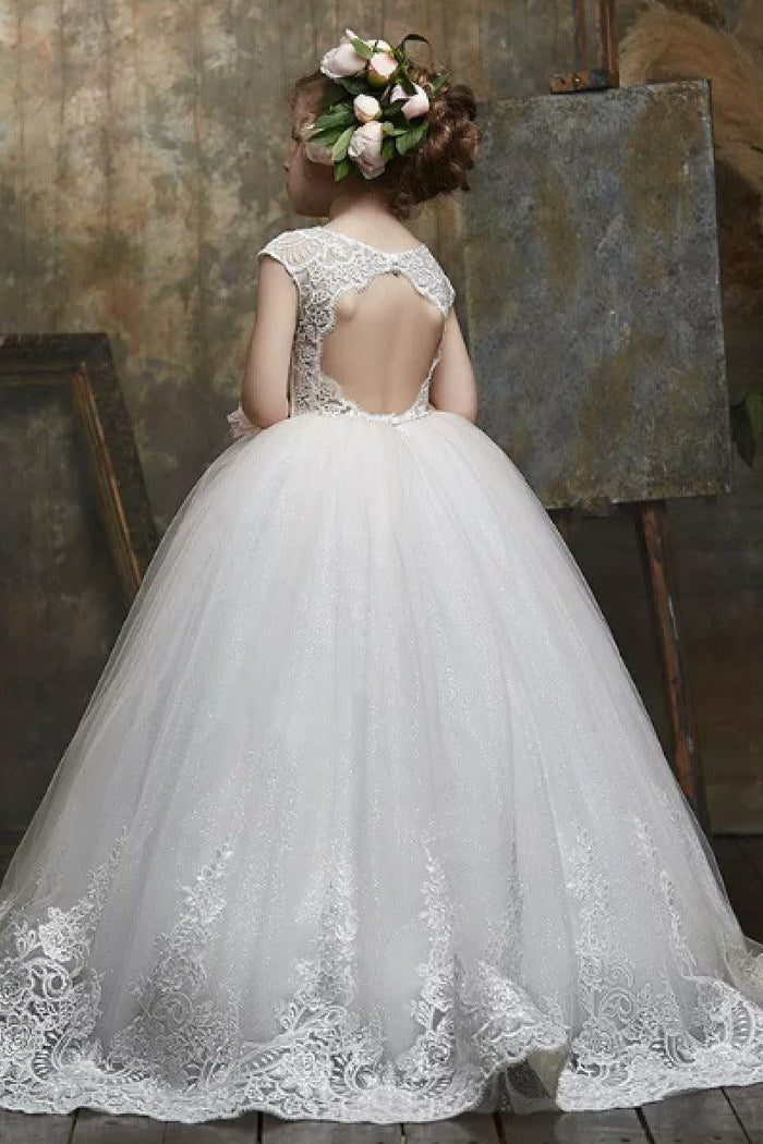 High Neck Cap Sleeve All Lace Bodice Tulle Flower Girl Dresses 654963002609