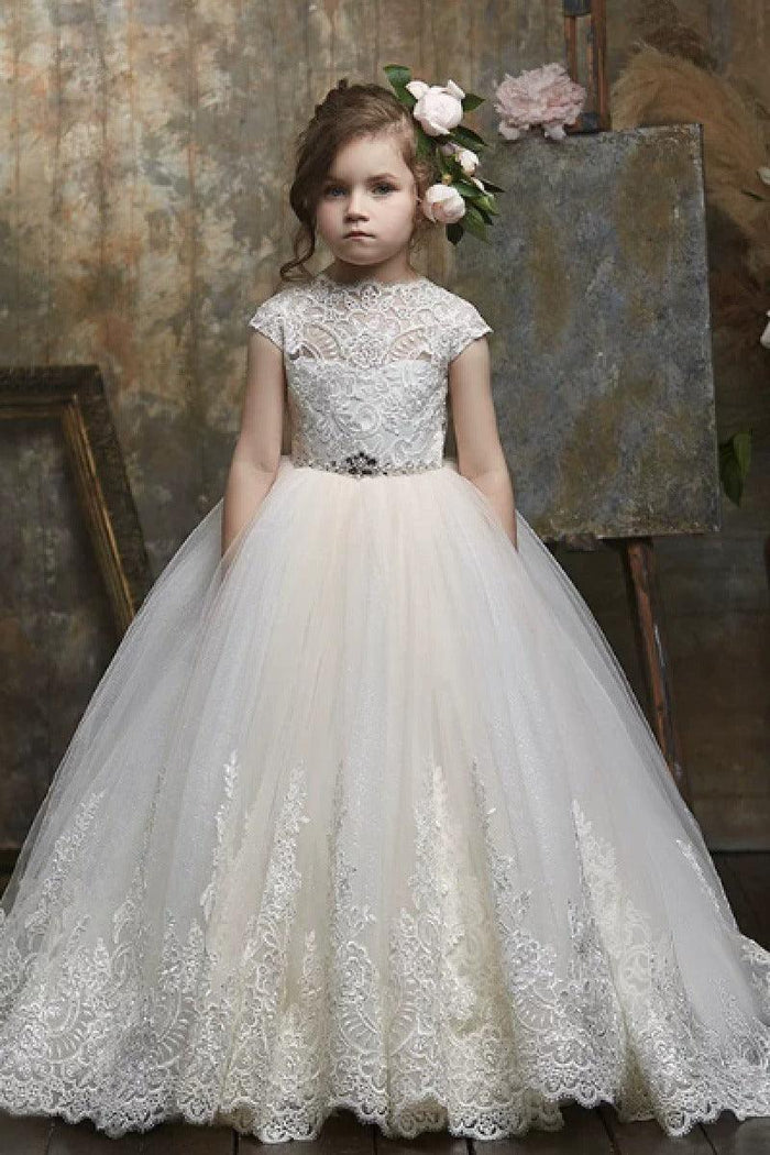 High Neck Cap Sleeve All Lace Bodice Tulle Flower Girl Dresses 654963002609