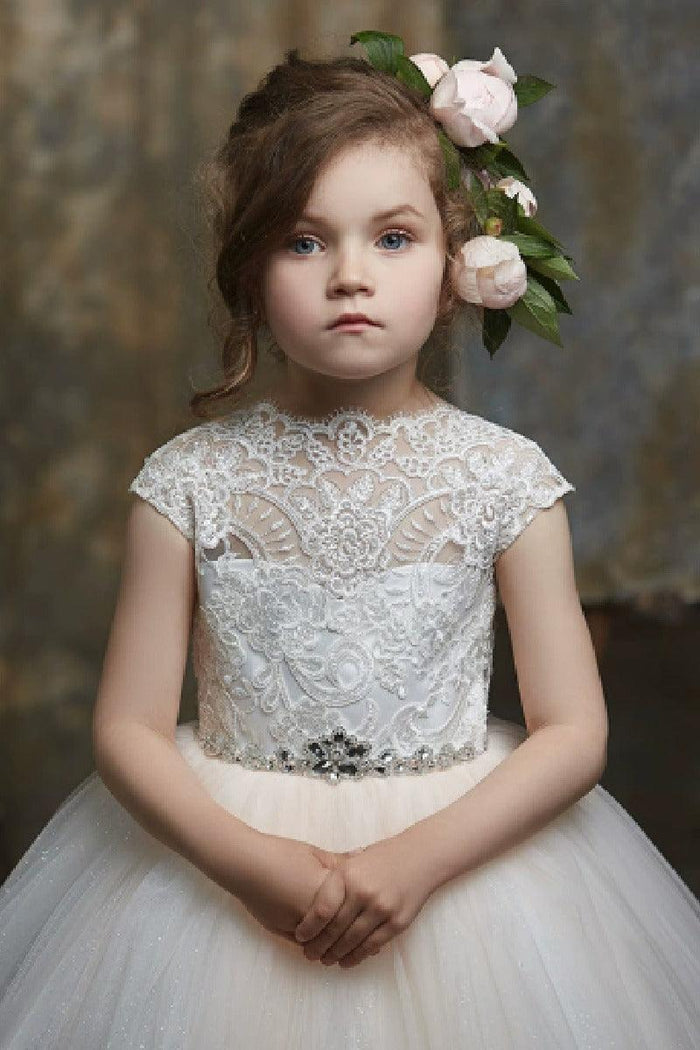 High Neck Cap Sleeve All Lace Bodice Tulle Flower Girl Dresses 654963002609