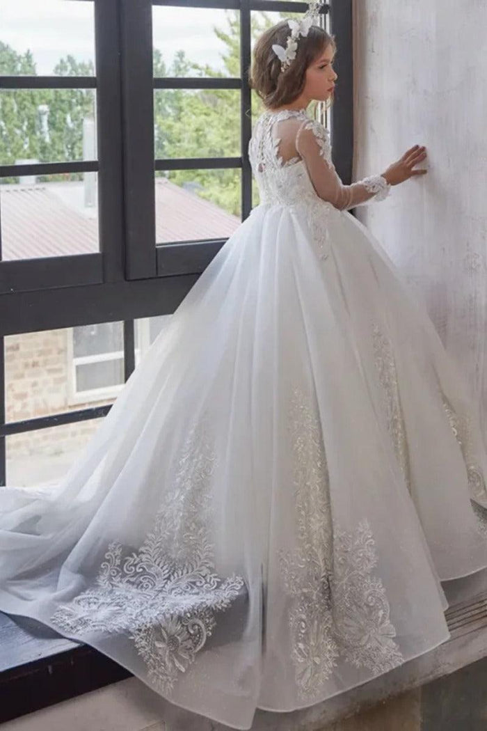 High Neck Lace Floral Embroidery Tulle Flower Girl Dress 764432687815