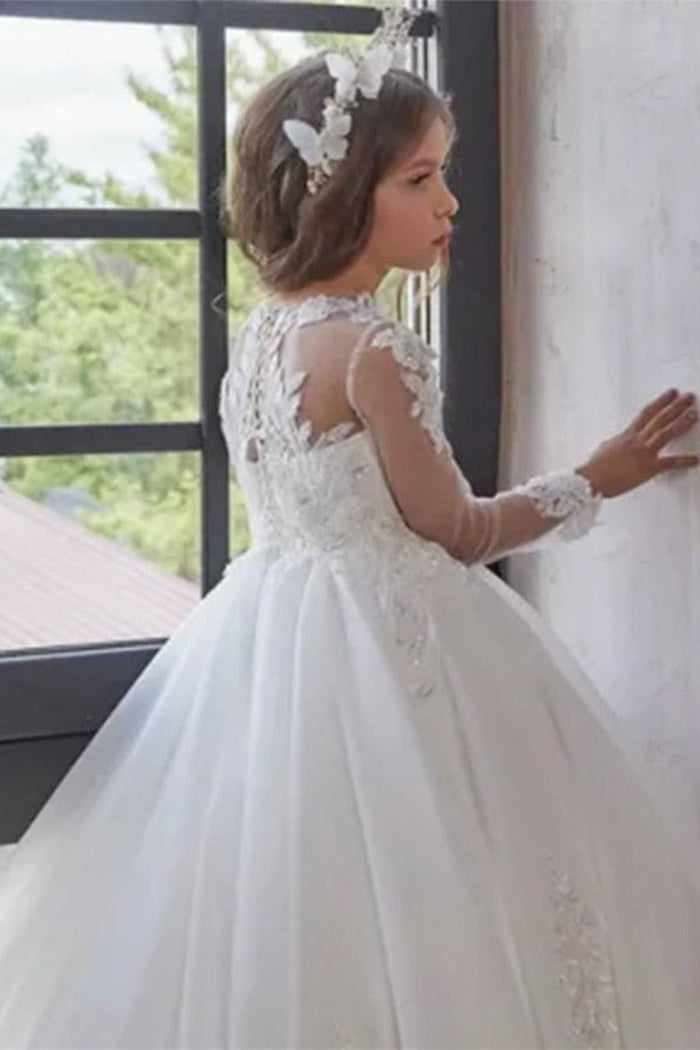 High Neck Lace Floral Embroidery Tulle Flower Girl Dress 764432687815