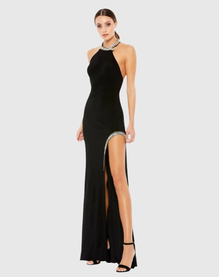 Black Rhinestone Accented Halter Gown - Ieena for Mac Duggal