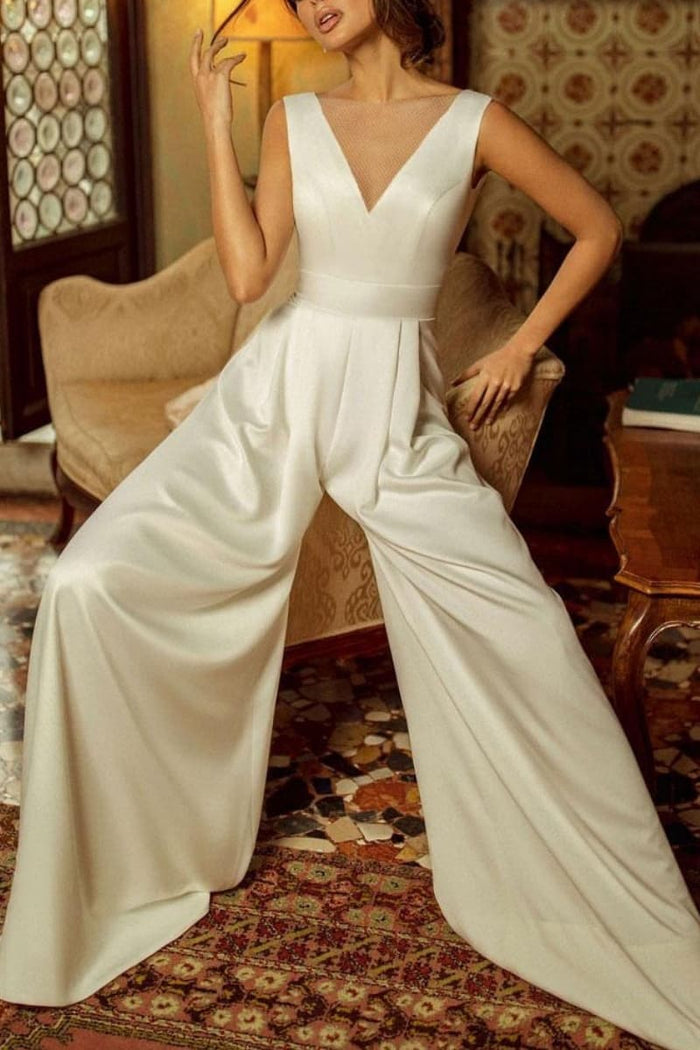 Illusion Floor Length Chiffon Wedding Jumpsuit CW3571
