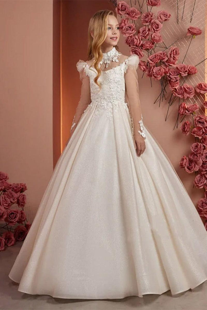 Illusion High Neck Lace Long Sleeve Tulle Flower Girl Dresses 742584424285