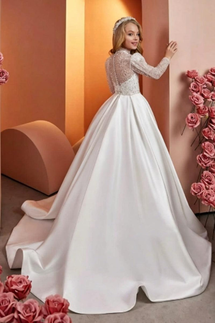 Illusion High Neck Lace Long Sleeve Tulle Flower Girl Dresses 742584424285