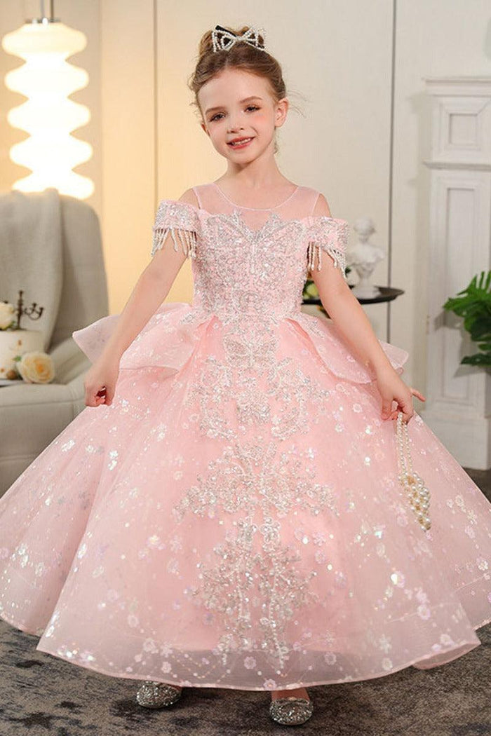 Illusion Neck Off-Shoulder Tassel Shoulder Sparkle Tulle Flower Girl Dresses 957274035794