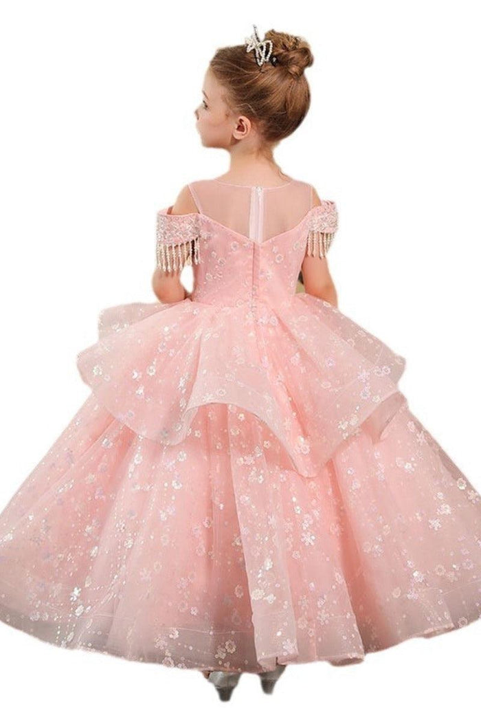 Illusion Neck Off-Shoulder Tassel Shoulder Sparkle Tulle Flower Girl Dresses 957274035794