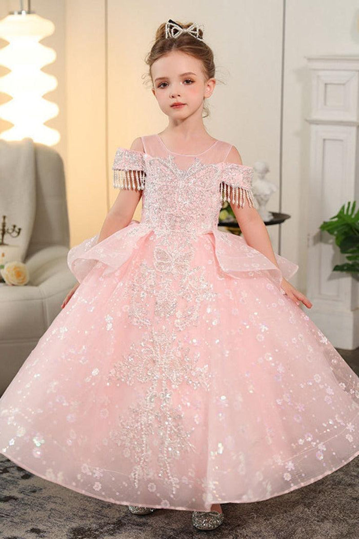 Illusion Neck Off-Shoulder Tassel Shoulder Sparkle Tulle Flower Girl Dresses 957274035794