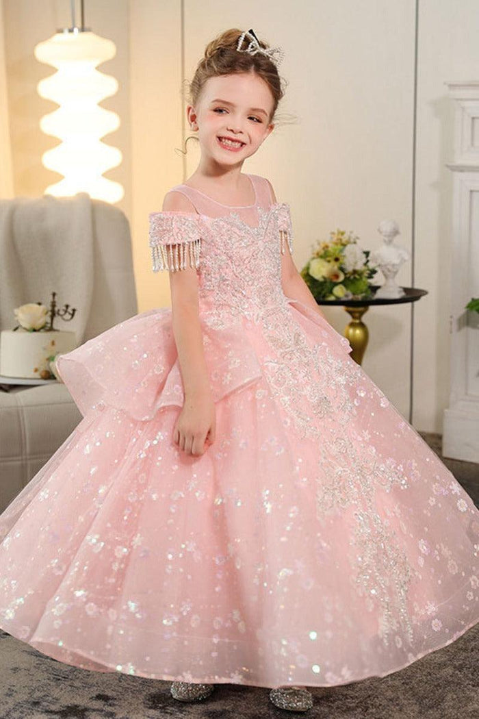 Illusion Neck Off-Shoulder Tassel Shoulder Sparkle Tulle Flower Girl Dresses 957274035794