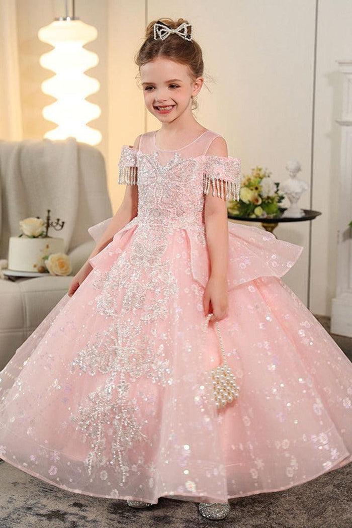 Illusion Neck Off-Shoulder Tassel Shoulder Sparkle Tulle Flower Girl Dresses 957274035794