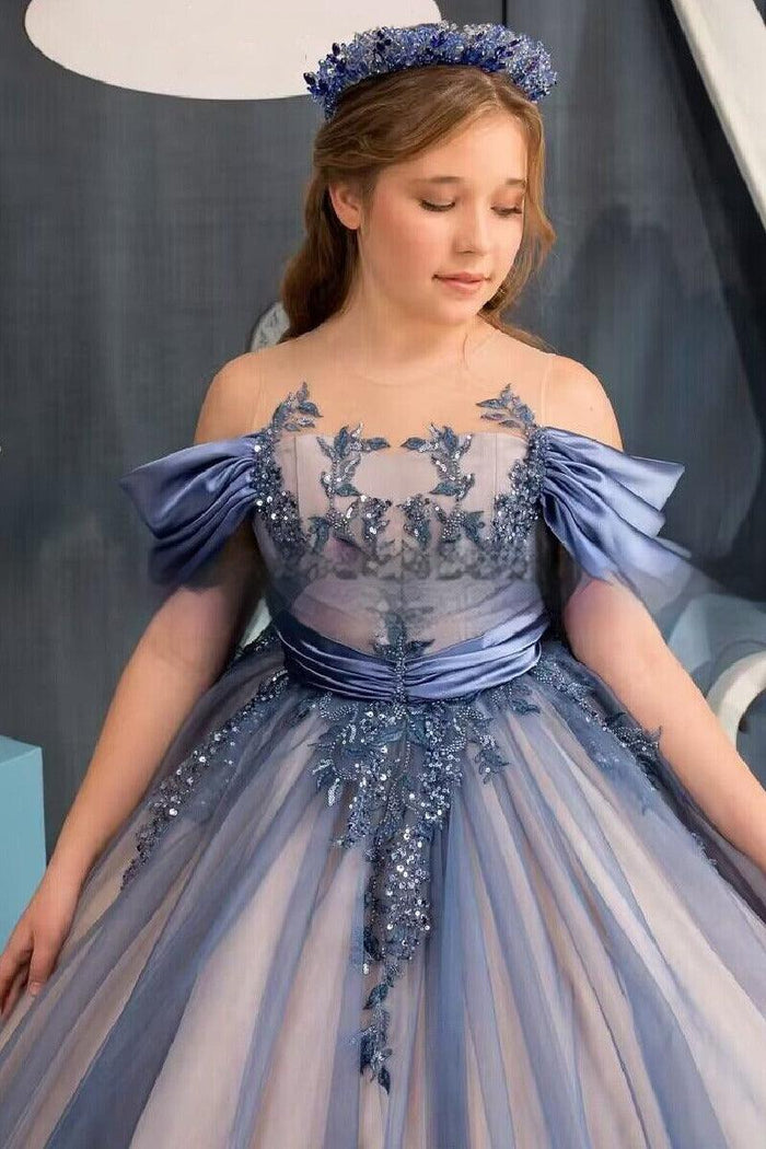 Illusion Off The Shoulder Tulle Puff Cuff Flower Girl Dresses 745558231696