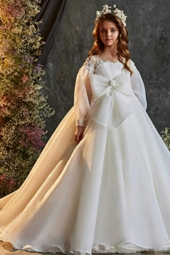Illusion Organza Long Puff Sleeves Flower Girl Dresses 693938674311