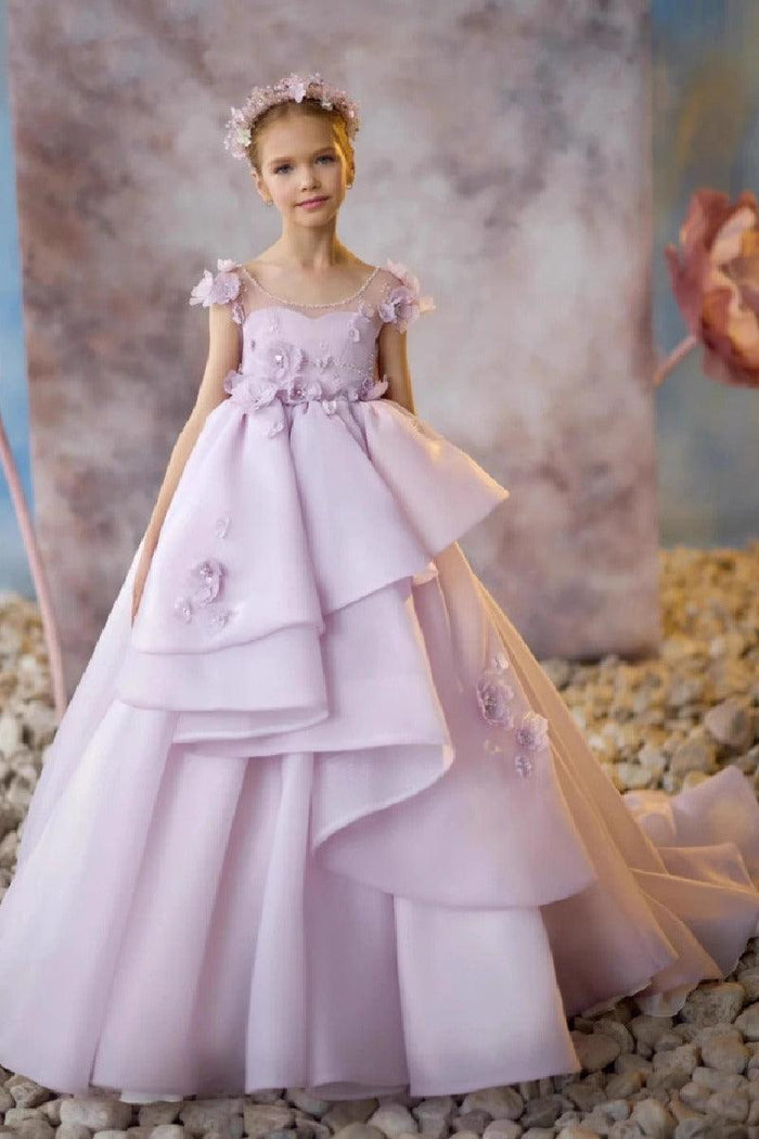 Illusion Tiered Asymmetrical Ruffle Sweep-Brush Train Flower Girl Dresses 673284486583