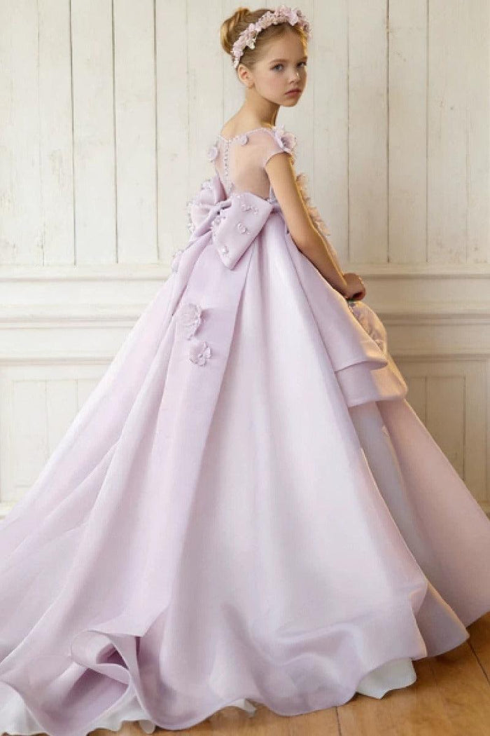 Illusion Tiered Asymmetrical Ruffle Sweep-Brush Train Flower Girl Dresses 673284486583