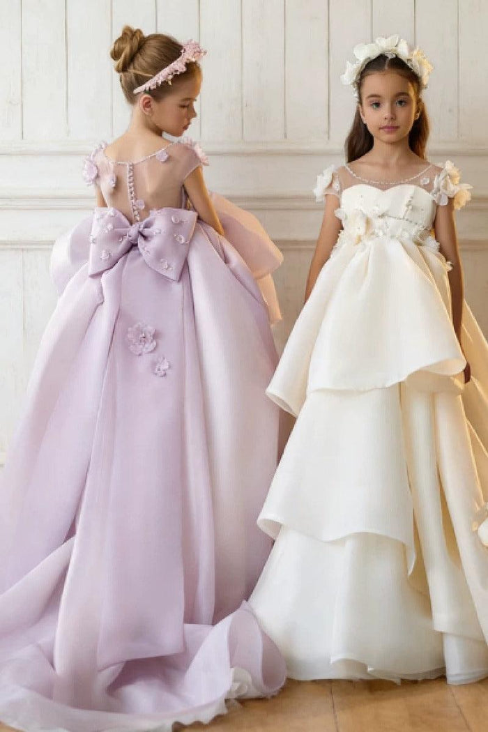 Illusion Tiered Asymmetrical Ruffle Sweep-Brush Train Flower Girl Dresses 673284486583