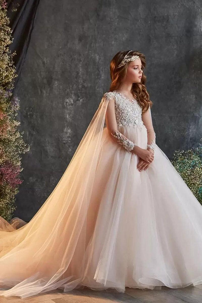 Illusion V-Neck Beaded Lace Long Sleeve Flower Girl Dresses 695101787303