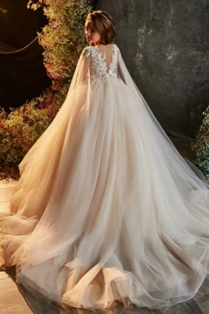 Illusion V-Neck Beaded Lace Long Sleeve Flower Girl Dresses 695101787303
