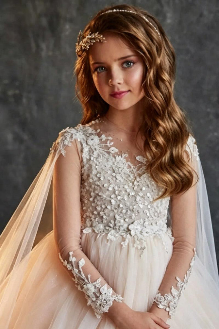 Illusion V-Neck Beaded Lace Long Sleeve Flower Girl Dresses 695101787303