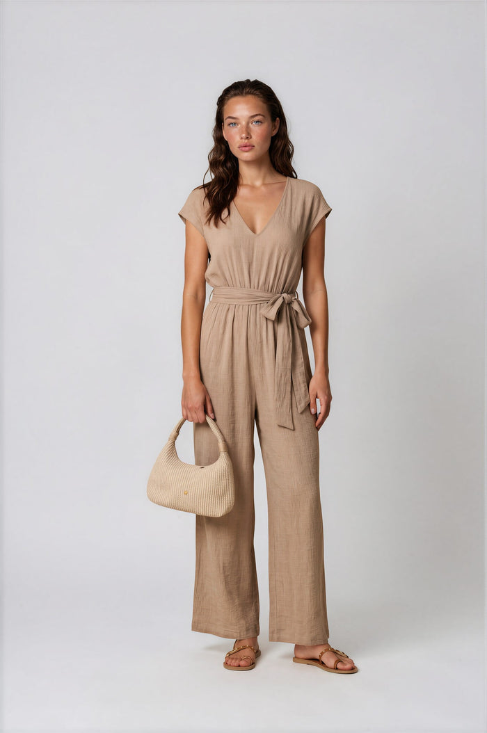 Jumpsuit APLA Iota Crinkled Belted Jumpsuit Beige Apoella