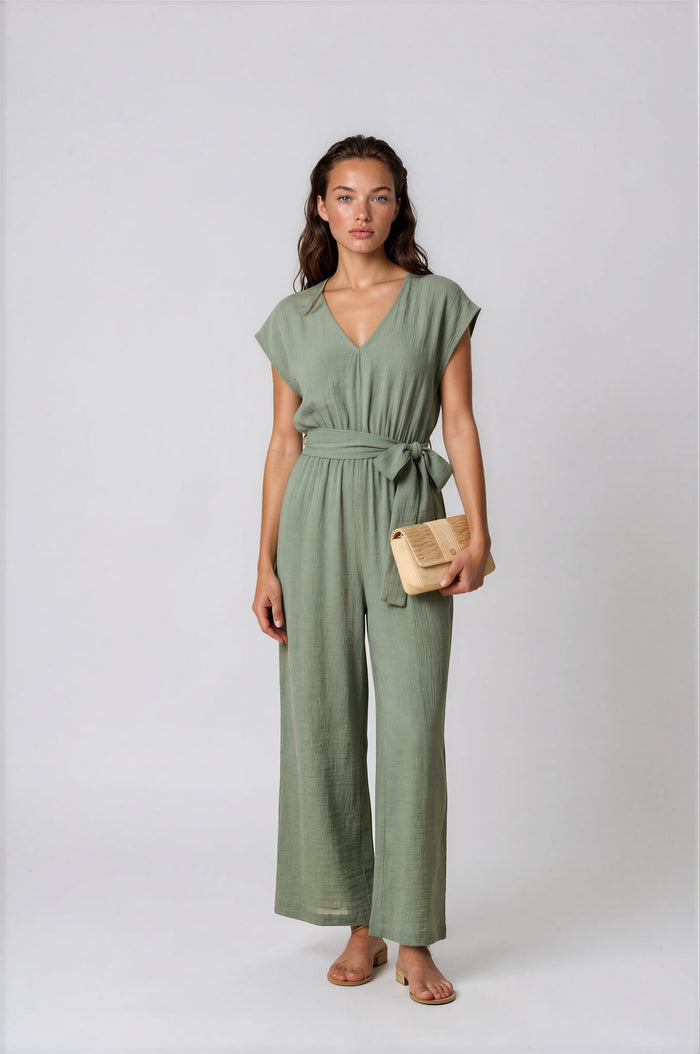Jumpsuit APLA Iota Crinkled Belted Jumpsuit Green Apoella