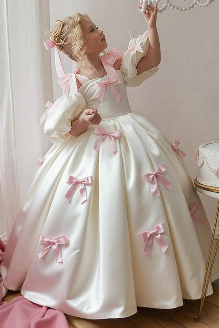 Ivory Satin Cold Shoulder Pink Bows Floor Length Flower Girl Dresses 1035700305747