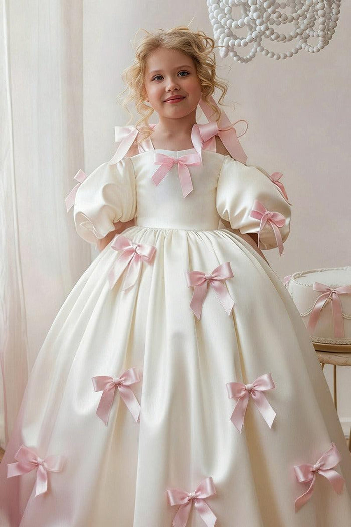 Ivory Satin Cold Shoulder Pink Bows Floor Length Flower Girl Dresses 1035700305747