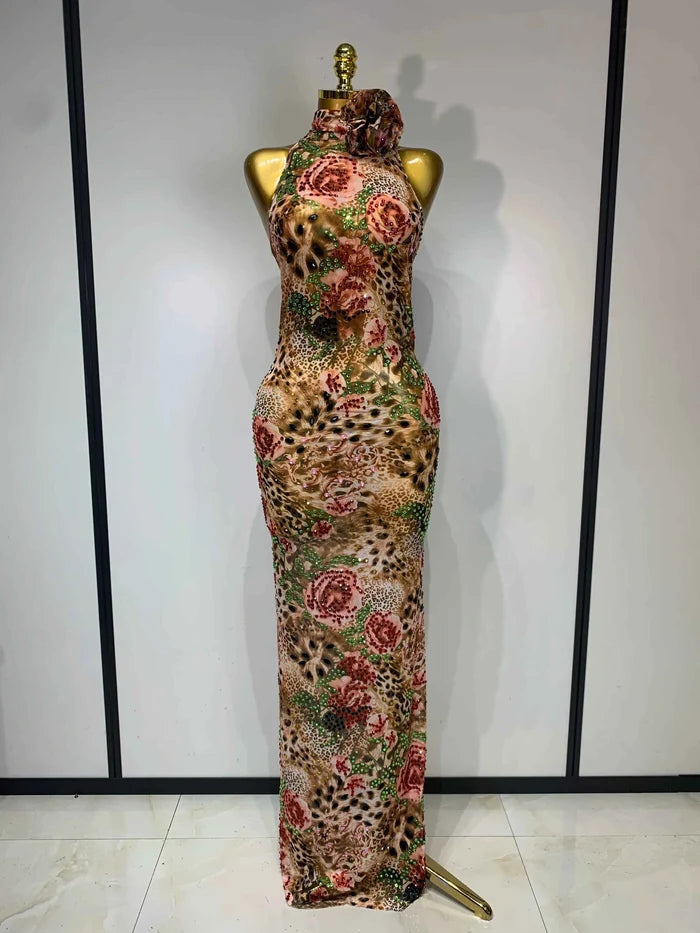 Julia Sexy Colorful Diamond Mesh See Through Long Dress