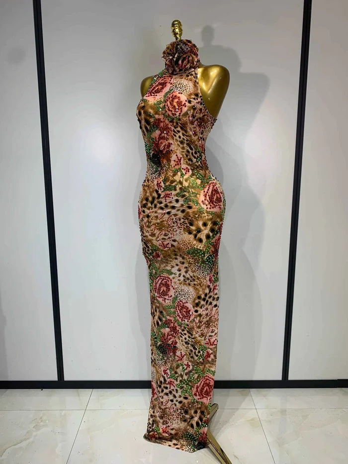 Julia Sexy Colorful Diamond Mesh See Through Long Dress