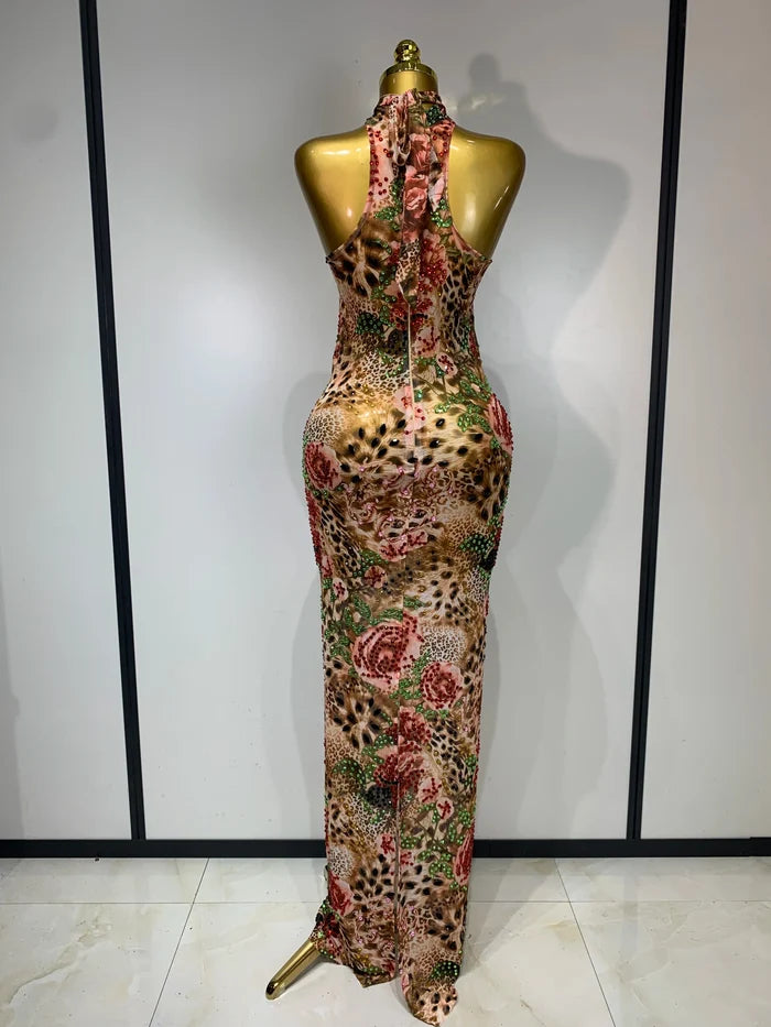 Julia sexy colorful diamond mesh see-through long dress for women with sparkling rhinestone details.