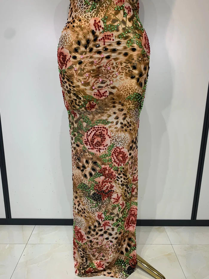Julia sexy colorful diamond mesh see-through long dress for women with sparkling rhinestone details.