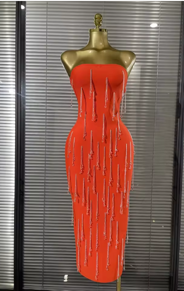 Kyleigh Orange Strapless Beading Fringes Bodycon Bandage Long Dress