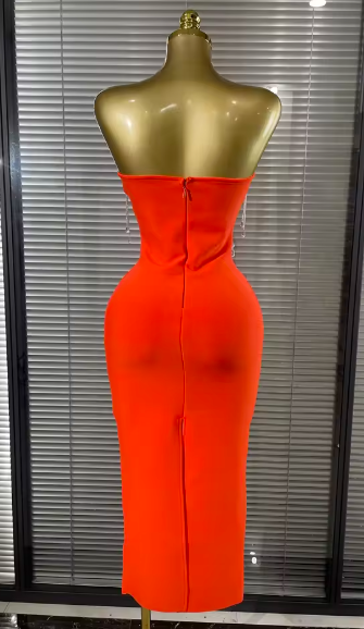 Kyleigh Orange Strapless Beading Fringes Bodycon Bandage Long Dress