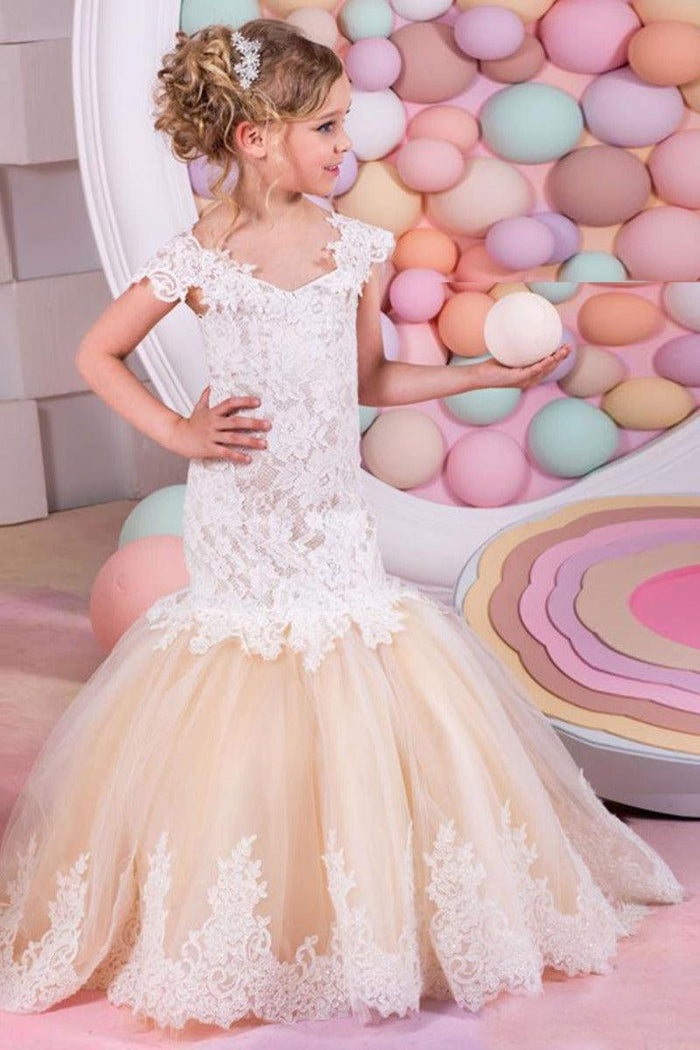 Lace Mermaid Trumpet V-Neck Tulle Flower Girl Dresses 618222534813