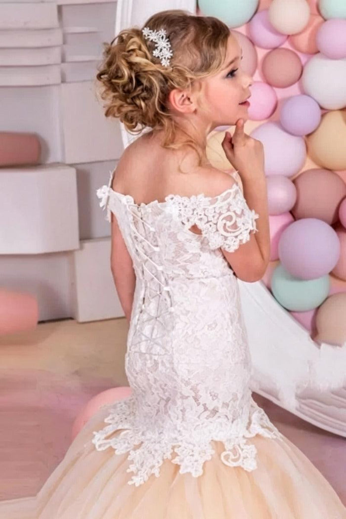 Lace Mermaid Trumpet V-Neck Tulle Flower Girl Dresses 618222534813