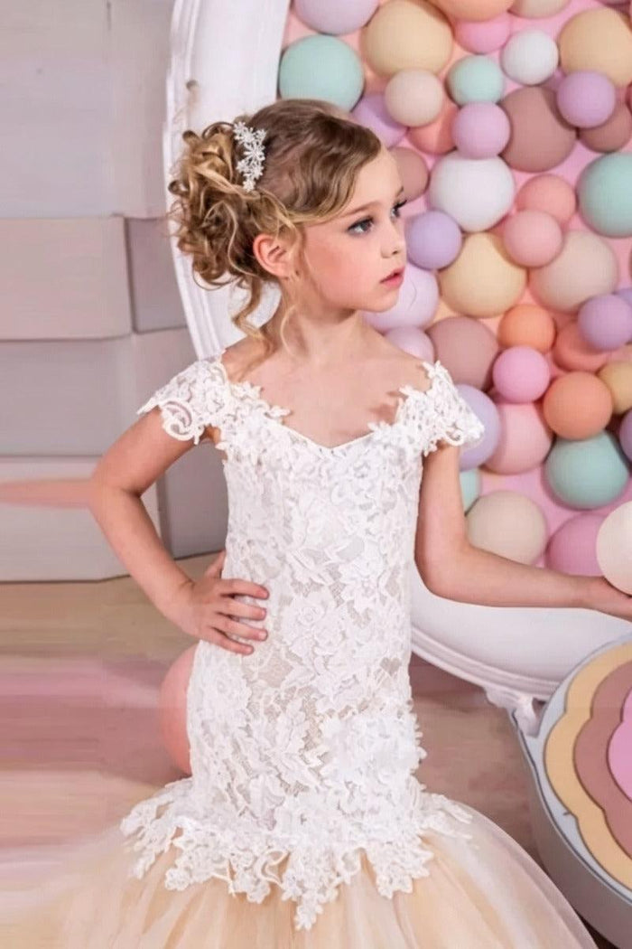 Lace Mermaid Trumpet V-Neck Tulle Flower Girl Dresses 618222534813