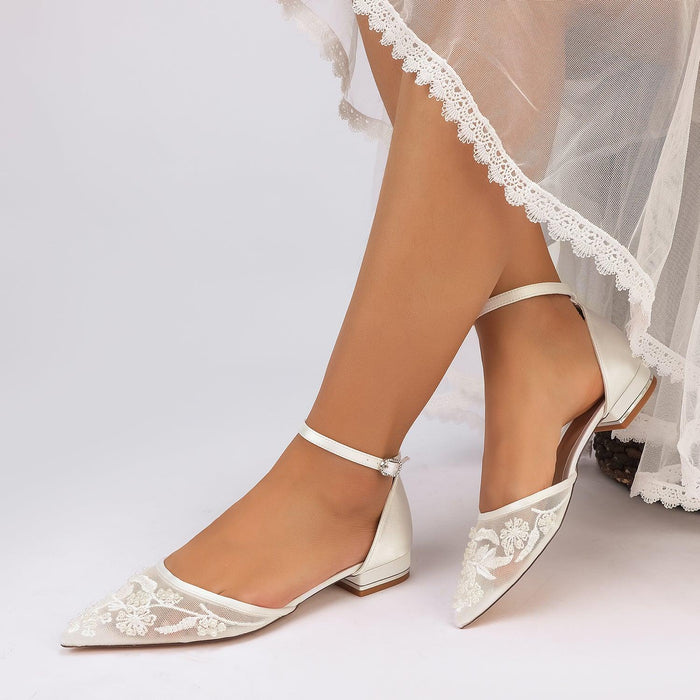 Lace Silk-Like Pearl Embroidered Mesh Flat Shoes CK0495